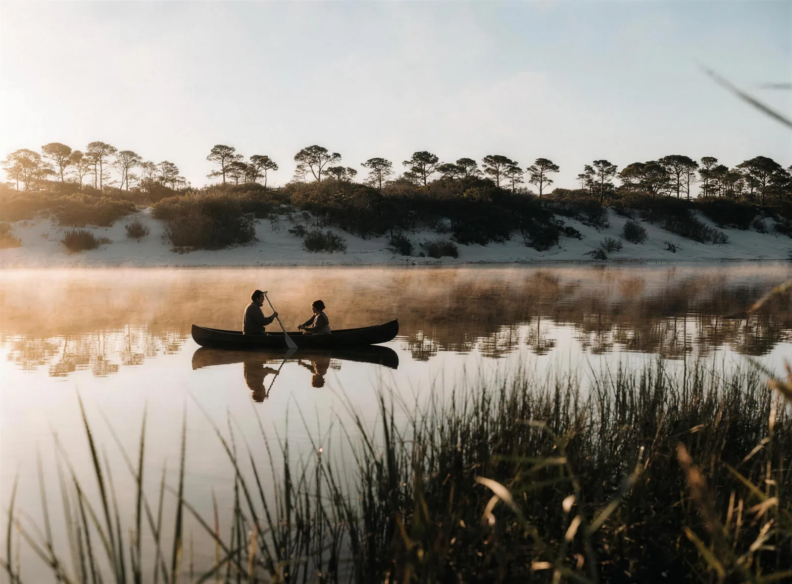 A parent and child paddling a canoe across a calm coastal dune lake at first light