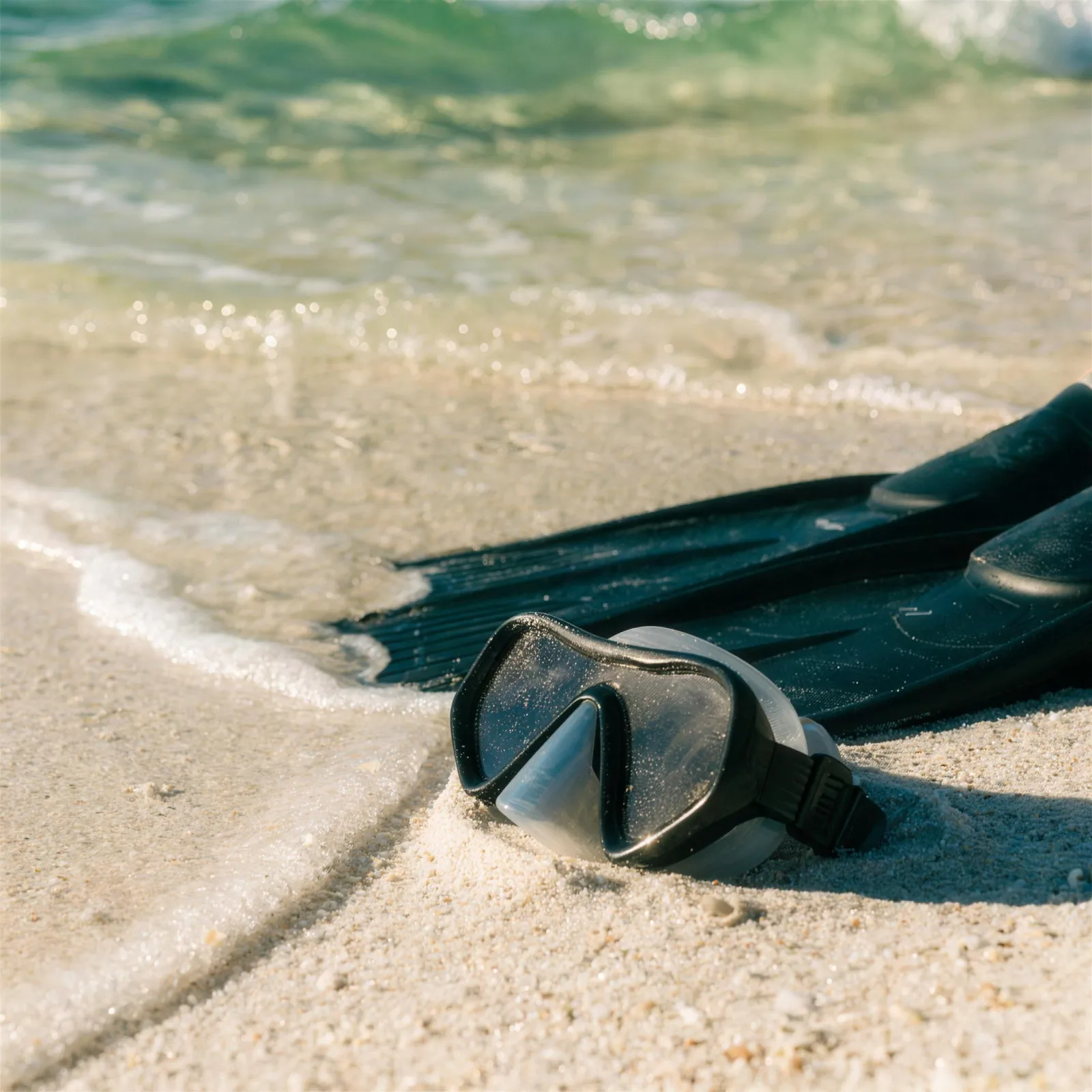 A snorkel mask and swim fins resting on white quartz sand at the waterline