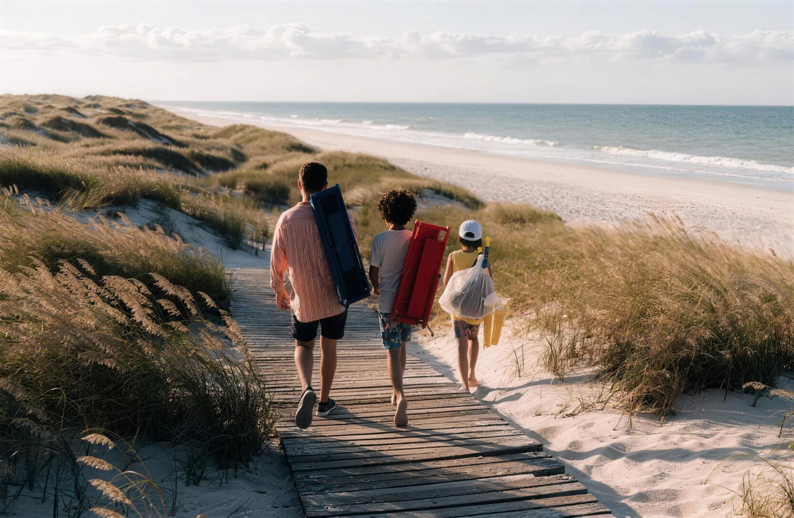 A family carrying beach chairs and snorkel gear down a long dune boardwalk toward the Gulf